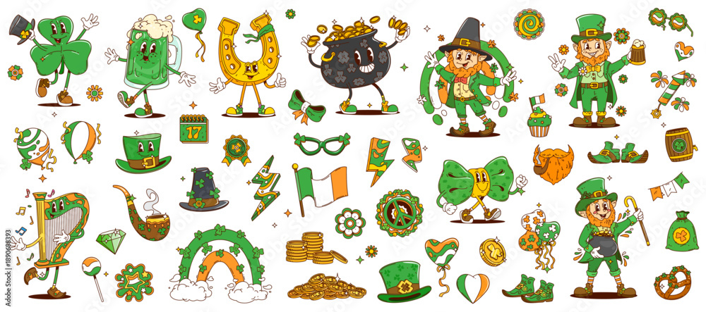 Obraz premium Cartoon groovy Saint Patrick's Day funny characters for Irish holiday, vector emoji. St Patrick groovy leprechaun with horseshoe and funny shamrock clover or rainbow and Irish flag with happy face