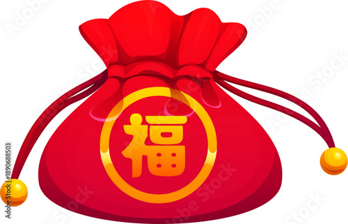 Red lucky money bag decorated with Chinese hieroglyph meaning good fortune and prosperity. Cartoon vector festive Lunar New Year fortune pouch with cords, symbol of wealth, happiness in Asian culture