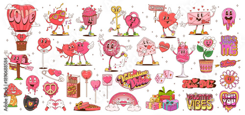 Cartoon groovy hippie Valentine love characters with hearts, messages, gifts and cute romantic elements. Vector retro y2k set with smiling cupcakes, drinks, daisy flowers and playful festive lettering