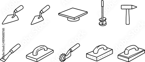 Collection of construction and DIY tools for tiling and masonry work