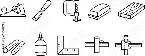 Collection of woodworking tools and materials, presented as simple line art icons