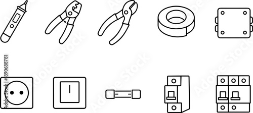 Collection of electrical tools and components in a simple line art style