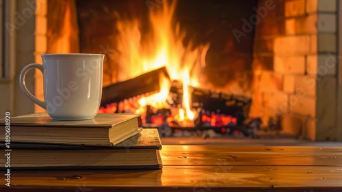 Cozy book cafe in winter with warm fireplace background and wooden table creating peaceful quiet reading corner and inviting relaxation with mug and cup of hot drink coffee or tea for interior comfort