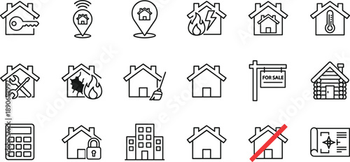 Set of smart home real estate and property management line icons including security energy insurance and housing symbols