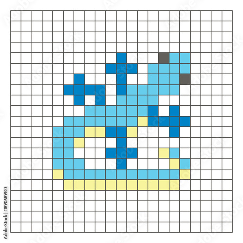 A flat pixel design made of geometric square color blocks on a clean grid layout. Pixel art gecko
