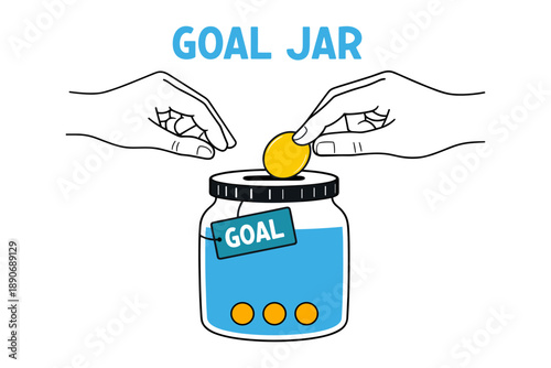 Hands adding coin to goal jar for savings and motivation concept