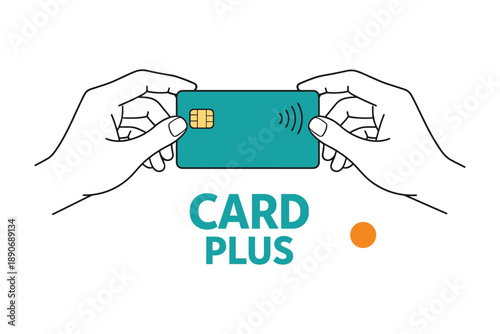 Hands holding contactless credit card with chip and wireless logo on white background