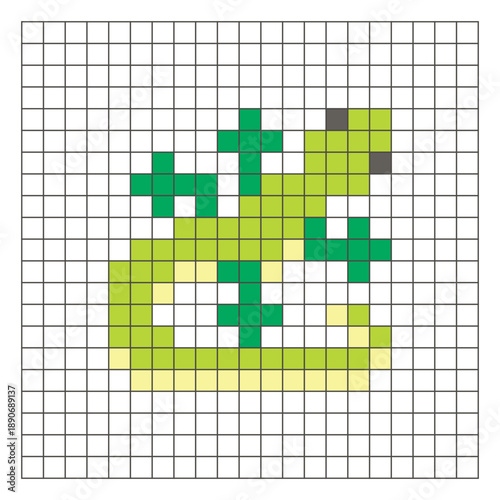A flat pixel design made of geometric square color blocks on a clean grid layout. Pixel art gecko