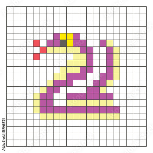 A flat pixel design made of geometric square color blocks on a clean grid layout. Pixel art cobra