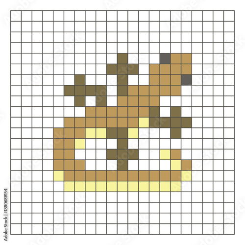 A flat pixel design made of geometric square color blocks on a clean grid layout. Pixel art gecko