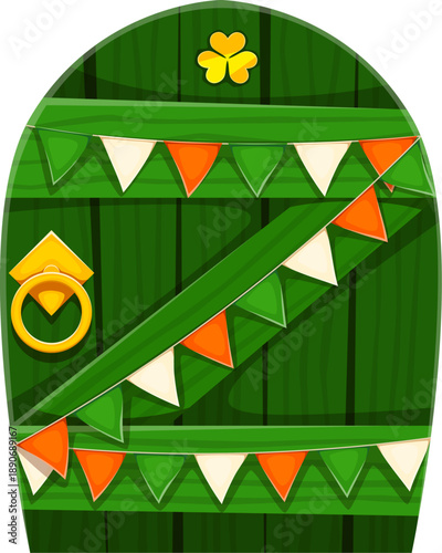 St Patricks font typeset wooden door letter Z. Irish folk font vector sign, March celebration type element. Saint Patrick day ABC typeset symbol with wooden door, garland, golden handle and clover