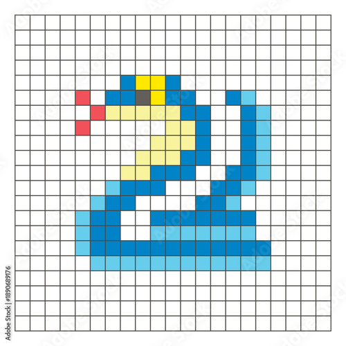 A flat pixel design made of geometric square color blocks on a clean grid layout. Pixel art cobra