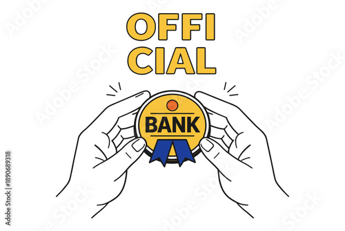 Hands holding official bank badge with ribbon