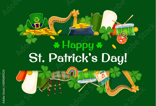 Happy saint Patrick's day holiday greetings. Cartoon vector Irish banner with shamrock clover, gold coins, harp, drum and rainbow, bagpipe and traditional holiday objects on green festive background