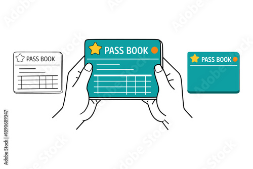 Illustrated passbook design with hands holding and various layout options