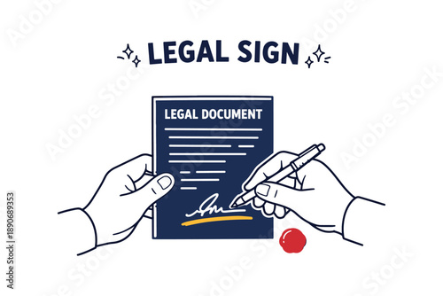 Signing a legal document: hands writing signature on contract with red stamp