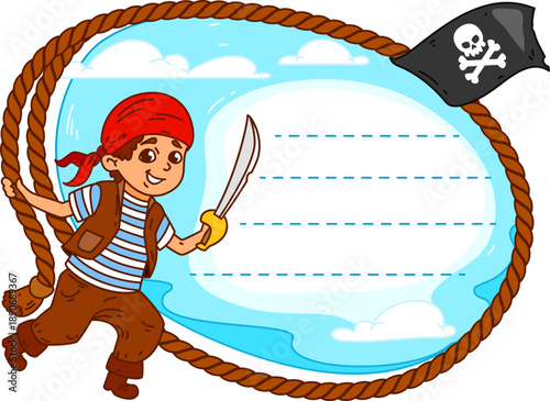 Pirate corsair kids memo note frame with Jolly Roger flag, vector message label or sticker. Kids memo note or notepad paper sheet with cartoon pirate boy or sailor skipper with sword for memo notes