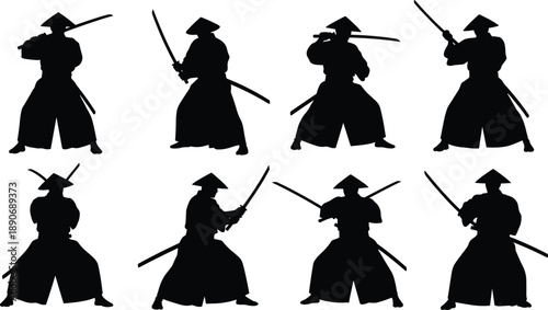 Samurai warrior silhouette set in black and white flat vector style, Japanese martial arts illustration collection for combat poses, historical culture, action design, and creative projects