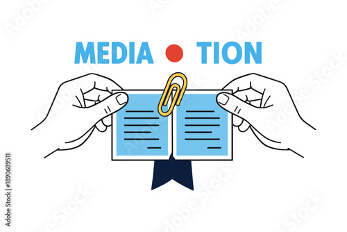 Hands holding paper symbolizing mediation process with paperclip between pages