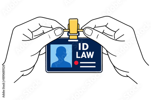 Caucasian male hands holding id card on clip with silhouette image and text