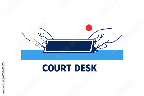 Court desk icon with hands and gavel in minimalist design