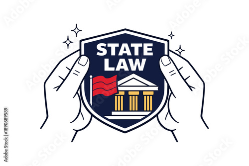 Hands holding state law badge with flag and courthouse emblem
