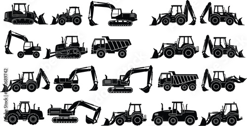 Set of construction vehicle silhouettes featuring excavators, backhoes, tractors, bulldozers and dump trucks arranged in rows, isolated on white background for industrial design use