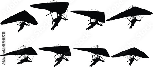 Set of seven black hang gliding silhouette icons showing various flight angles and postures—ideal for extreme sports design, aviation graphics, and outdoor adventure themes.