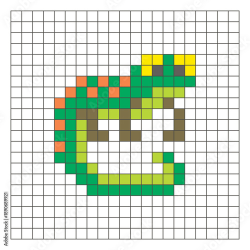 A flat pixel design made of geometric square color blocks on a clean grid layout. Pixel art gecko