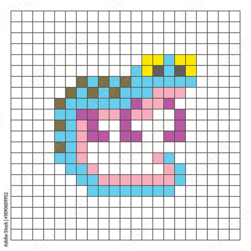 A flat pixel design made of geometric square color blocks on a clean grid layout. Pixel art gecko