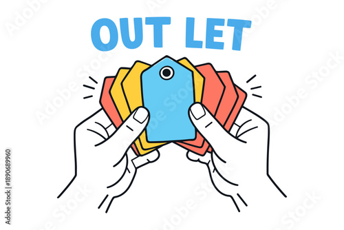 Colorful discount tags in hands with outlet text