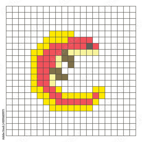 A flat pixel design made of geometric square color blocks on a clean grid layout. Pixel art salamander