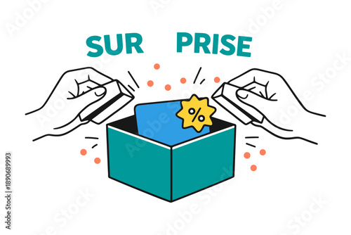 Surprise gift box with discount card and hands unwrapping