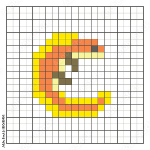 A flat pixel design made of geometric square color blocks on a clean grid layout. Pixel art salamander