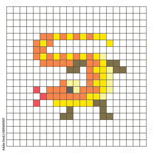 A flat pixel design made of geometric square color blocks on a clean grid layout. Pixel art monitor lizard
