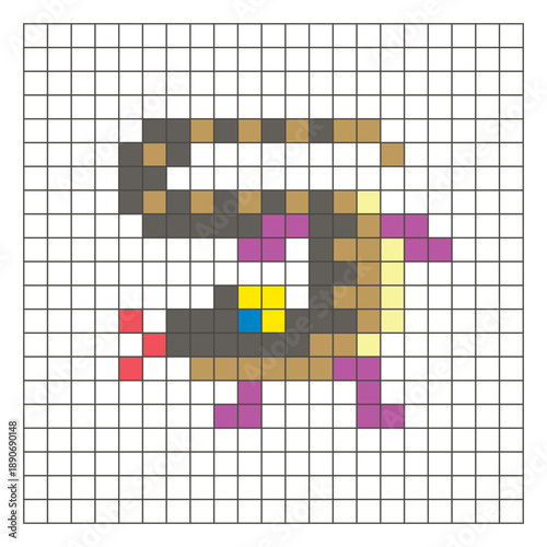 A flat pixel design made of geometric square color blocks on a clean grid layout. Pixel art monitor lizard