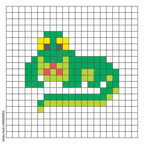 A flat pixel design made of geometric square color blocks on a clean grid layout. Pixel art komodo dragon