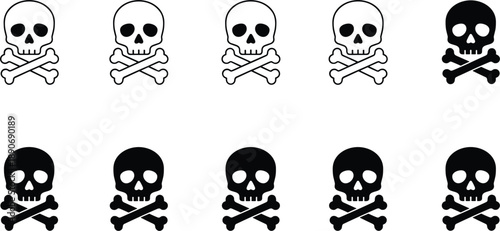 Skull and crossbones icons set in outline and solid styles for danger warning pirate design