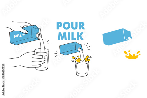 Pouring milk into glass process illustrated with cartoon style blue milk carton