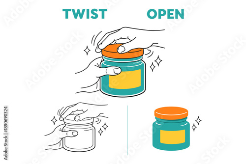 Instructions on opening a jar with illustrative hands and twisting motion