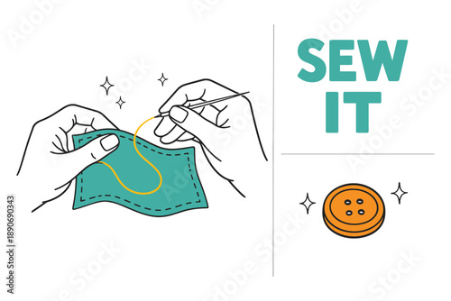 Hand sewing craft: needle and thread stitching a patch with button design