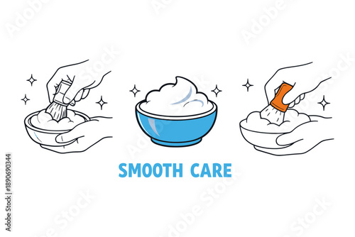 Hands using shaving brush and cream with smooth care message