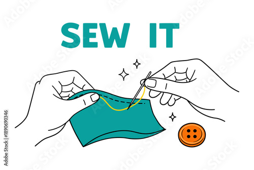 Hands sewing fabric with needle and thread illustration