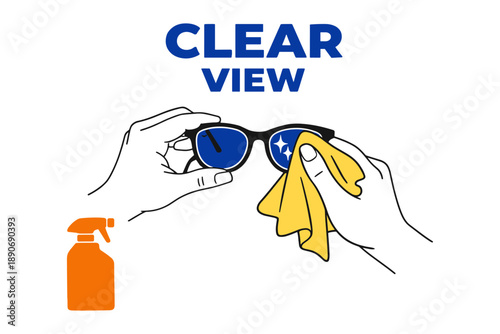 Cleaning sunglasses with cloth and spray for clear view