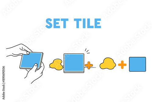 Illustration of shared puzzle game on tablet with hands holding device