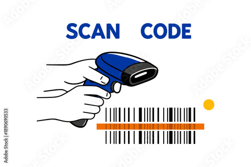 Barcode scanning illustration with handheld scanner and barcode