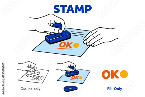 Illustration of hands using a stamp on paper with ok text and variations