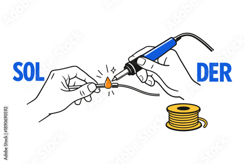 Illustration of hands soldering wire with soldering iron and solder seal
