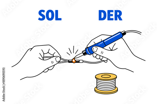 Hands holding soldering iron and wire with solder spool illustration