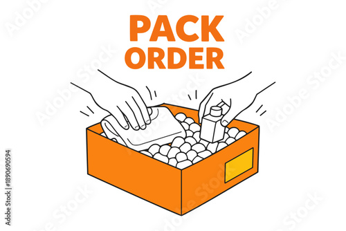 Hands packing box with cloth and bottle for shipping order fulfillment